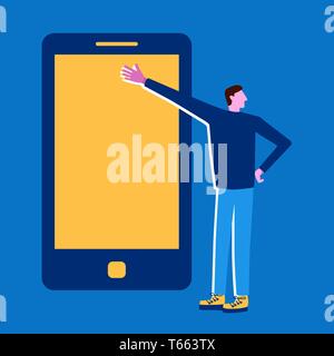 Man with the phone. Presentation, mobile conversation in flat style. - Vector Stock Vector