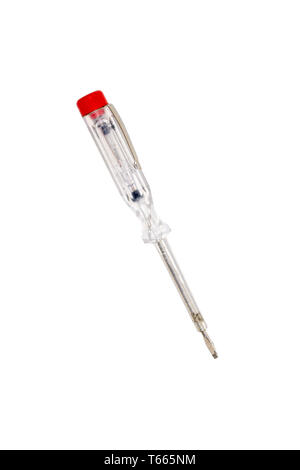 an old used voltage tester screwdriver, isolated on white Stock Photo