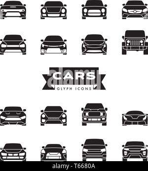Collection of modern cars front view glyph icons vector illustration Stock Vector