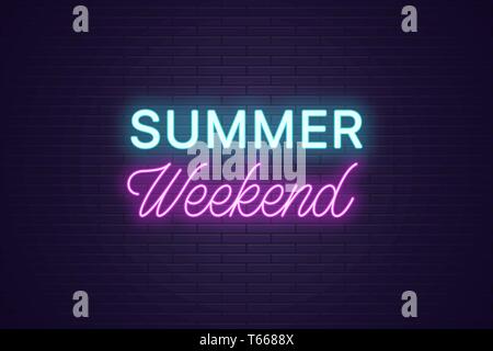 Neon composition of headline Summer Weekend. Glowing Neon text Summer Weekend, uppercase and lettering style. Bright digital signboard. Template for b Stock Vector