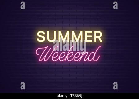 Neon composition of headline Summer Weekend. Glowing Neon text Summer Weekend, uppercase and lettering style. Bright digital signboard. Template for b Stock Vector