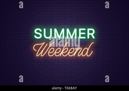 Neon composition of headline Summer Weekend. Glowing Neon text Summer Weekend, uppercase and lettering style. Bright digital signboard. Template for b Stock Vector