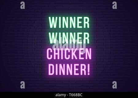 Neon gaming slogan, Winner Winner Chicken Dinner. Glowing Neon text for Win in Gaming industry. Bright digital signboard, banner, vector illustration. Stock Vector