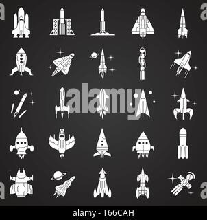 Rockets icons set on black background for graphic and web design. Simple vector sign. Internet concept symbol for website button or mobile app. Stock Vector