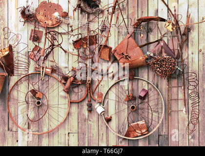 Still-life of rusty metal items on wooden backgrou Stock Photo