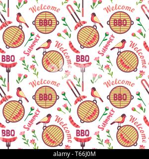 Flat hand drawn barbecue icons seamless pattern Stock Vector