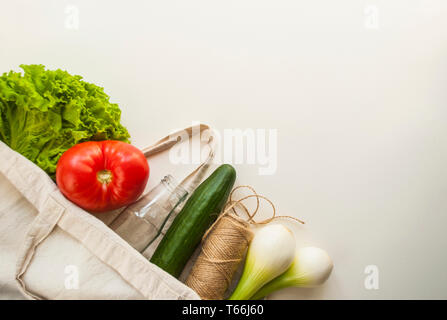Fresh fruits and vegetables in eco bag with copyspace. Plastic free concept. Stock Photo