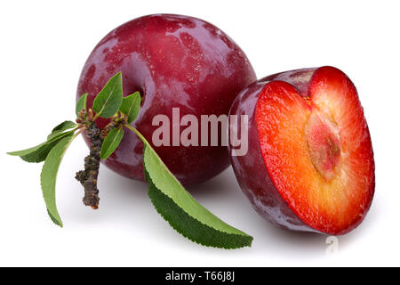 Red plums with leaves isolated on white background Stock Photo