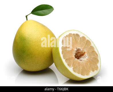 Half and whole pomelo fruits with leaf isolated on white background Stock Photo