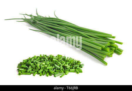 Chives bunch and chopped chives  isolated on white background Stock Photo