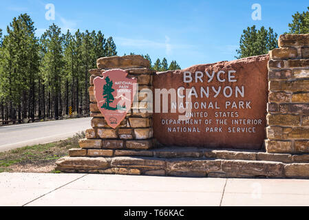 Bryce Canyon National Park entrance sign, Utah, USA. Stock Photo