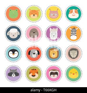 Set cute animal faces stickers. Vector Illustration Stock Vector