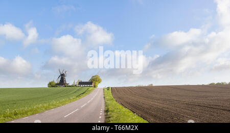 Windmill and country road in agricultural landscape near Ystad, Skane, Sweden, Scandinavia Stock Photo