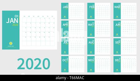 Vector of 2020 new year calendar in clean minimal table simple style and light green color,Holiday event planner,Week Starts Sunday.include holiday ev Stock Vector