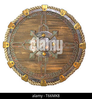 Round fantasy wooden shield with iron inserts on an isolated white background. 3d illustration Stock Photo