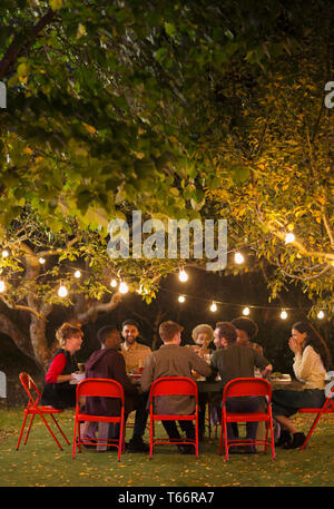 Friends enjoying dinner garden party under trees with fairy lights Stock Photo