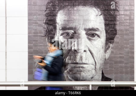 Mosaic mural of musician Lou Reed  by artist Chuck Close on the walls of the 86th street station on the new 2nd Avenue Subway line in New York. Stock Photo