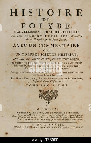 History by Polybius. Volume III. French edition translated from Greek by Dom Vincent Thuillier. Comments of Military Science enriched with critical and historical notes by M. De Folard. Paris, chez Pierre Gandouin, Julien-Michel Gandouin, Pierre-Francois Giffart and Nicolas-Pierre Armand, 1728. Frontispiece. Stock Photo