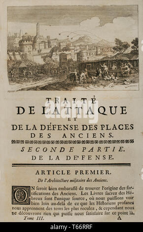 History by Polybius. Volume III. French edition translated from Greek by Dom Vincent Thuillier. Comments of Military Science enriched with critical and historical notes by M. De Folard. Paris, chez Pierre Gandouin, Julien-Michel Gandouin, Pierre-Francois Giffart and Nicolas-Pierre Armand, 1728. Treaty of attack and defense of places in ancient age. Second part of the defense. Stock Photo