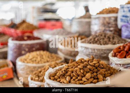 Dried Fruit and Almonds for Sale on the Siyob Bazaar in Samarkand Stock Photo