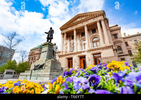 Oliver Perry Morton statue in front of the Indiana State Capitol building in springtime, Indianapolis, USA Stock Photo