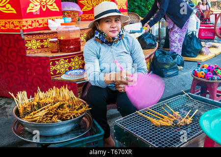 Vietnamese woman selling kebabs and food skewers at the street market, Hoi An, Vietnam, Asia Stock Photo