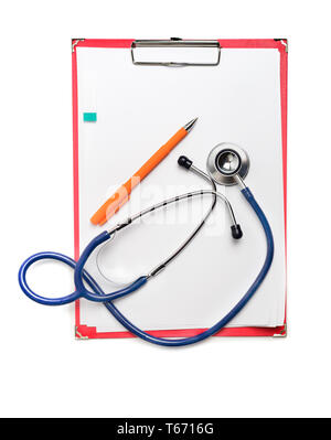 Red clipboard with blue stethoscope on white background. Health diagnostic concept Stock Photo