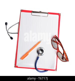 Stethoscope, pen and glasses on red clipboard cut out over white. Health care concept Stock Photo