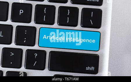 Robotization concept. Blue keyboard button with text Artificial intelligence, panorama Stock Photo
