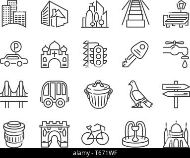 Urban and city element icon set in trendy simple line art style Stock Vector