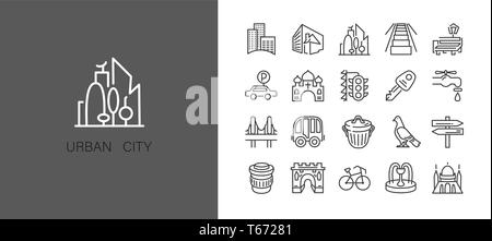 Urban and city element icon set in trendy simple line art style Stock Vector