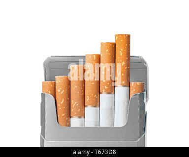 Opened pack of cigarettes closeup isolated on white with clipping path and copy space Stock Photo