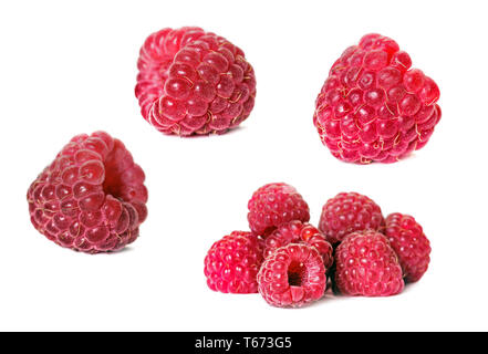 Set of ripe raspberry berry isingle and group isolated on white Stock Photo