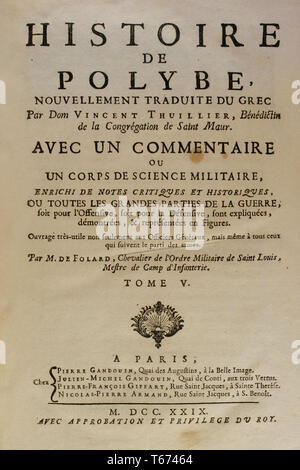 History by Polybius. Volume V. Frontispiece. French edition translated from Greek by Dom Vincent Thuillier. Comments of Military Science enriched with critical and historical notes by M. De Folard. Paris, chez Pierre Gandouin, Julien-Michel Gandouin, Pierre-Francois Giffart and Nicolas-Pierre Armand, 1729. Stock Photo