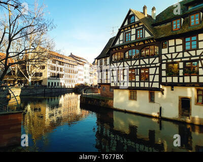 Traditional half-timbered houses on picturesque canals in La Petite France, the medieval fairytale town of Strasbourg, UNESCO World Heritage Site, Als Stock Photo