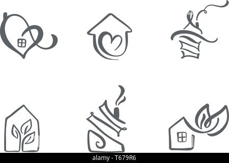 Set of simple calligraphy houses hand drawn logo. Real Vector Icons. Estate Architecture Construction for design. Art home vintage element Stock Vector