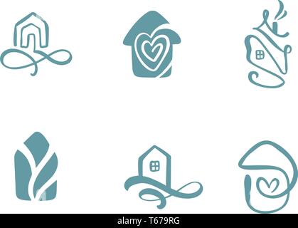 Set of simple calligraphy houses hand drawn logo. Real Vector Icons. Estate Architecture Construction for design. Art home vintage element Stock Vector