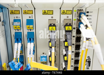 fiber optic datacenter with media converters and optical cables Stock Photo