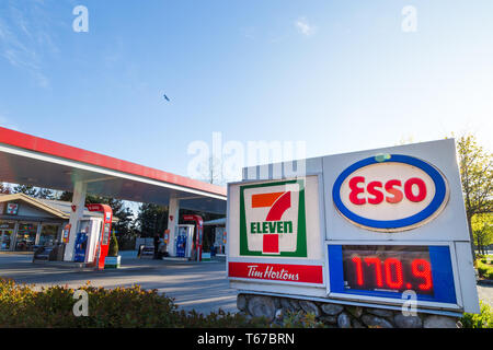 NORTH VANCOUVER, BC, CANADA - APR 19, 2019: North American all time high gas prices hit the Vancouver area as seen on this gas station display. Stock Photo