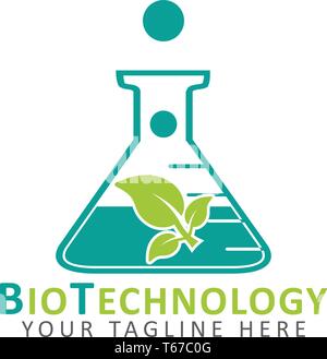 Bio Technology Logo. Plant icon on flask sign. Stock Vector