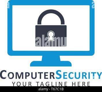 Computer security logo. Key symbol on monitor screen. Stock Vector