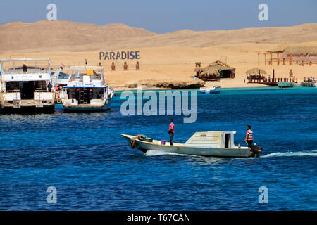 Boats at Giftun Island in the Red Sea near to the town of Hurghada, Egypt. Stock Photo