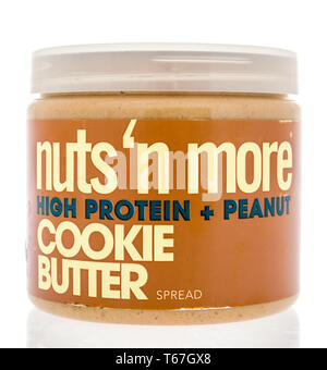 Winneconne, WI -  22 April 2019: A package of Nuts n more high protein and peanut cookie butter on an isolated background Stock Photo