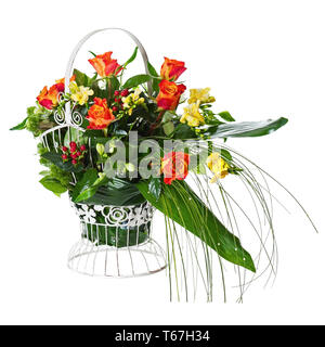 Flower Bouquet Arrangement Centerpiece in Metal Basket Isolated on White. Stock Photo