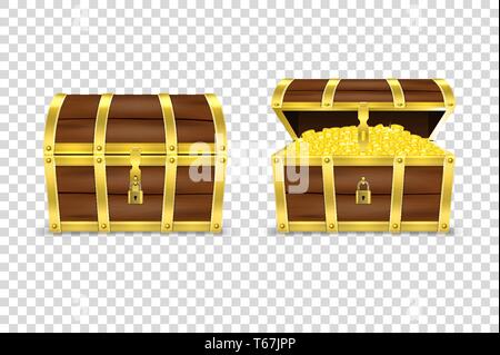 Vector 3d Realistic Closed and Opened Retro Vintage Antique Old Treasure Wooden Pirate Dower Chest with Glow Gold Coins and Padlock Closeup Isolated Stock Vector