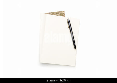 open blank book with black pen, isolated on white Stock Photo