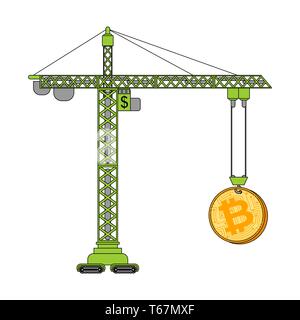 Bitcoin price rising Lifting crane uplift. Cryptocurrency price increase. Business concept in crypto exchange Stock Vector