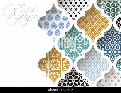 Muslim holiday Eid al Adha greeting card. Close-up of colorful ornamental arabic tiles, patterns through white mosque window. Ramadan invitation Stock Vector