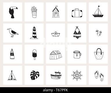 Set of hand drawn travel icons. Black outline objects isolated on white ...