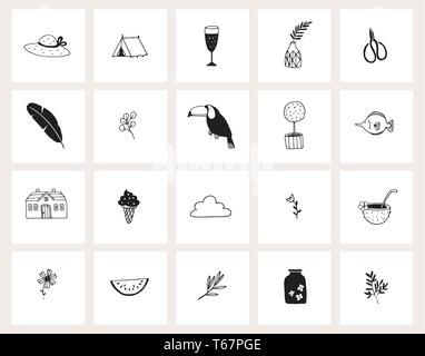 Set of hand drawn doodle web icons. Line art. Summer, vacation, travel concept. Black and white design. Isolated vector illustrations, sketches Stock Vector